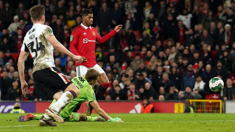 Marcus Rashford scoring against Charlton in the Carabao Cup