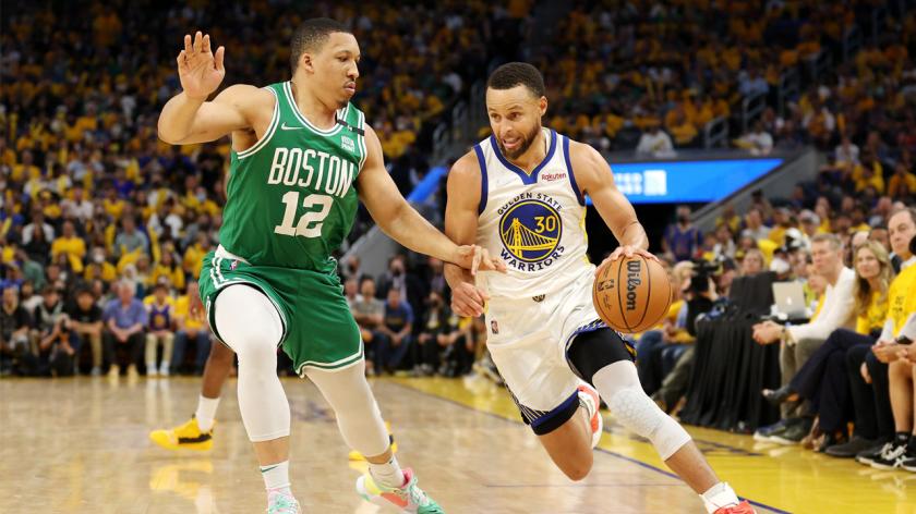 A basketball game between the Boston Celtics vs the Golden State Warriors in the NBA