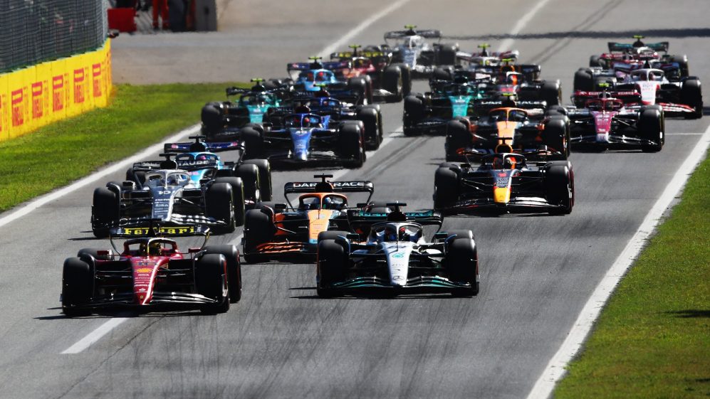 Formula 1 cars racing on the track
