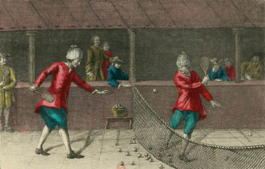 An painting showing two men play Jeu de Paume, an early form of tennis