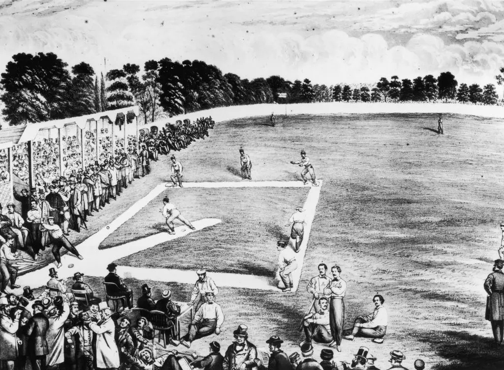 A drawing of the first recorded baseball game was played in 1846 in Hoboken, New Jersey