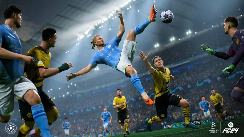 EA Sports FC 24 video game artwork showing Haaland performing a bicycle kick.