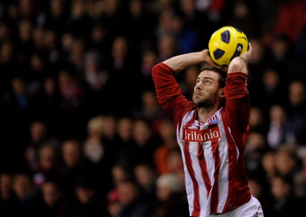 Rory Delap oin his Stoke City days delivering a long throw into the box